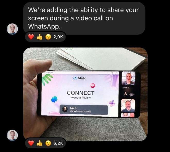 "EKRAN PAYLAIMI ZELLN EKLYORUZ"    Mark Zuckerberg, Instagram'da bulunan Meta'nn kanalnda paylat duyuruda, "WhatsApp'ta grntl arama srasnda ekrannz paylama zelliini ekliyoruz" ifadelerini kulland.