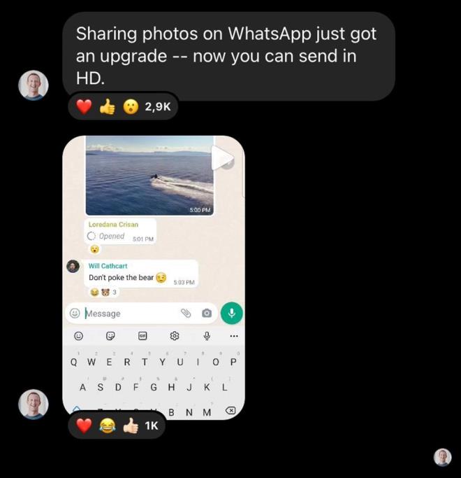 Mark Zuckerberg, bu sorunu gz nnde bulundurarak bir mesaj yaynlad. Bu mesajda "WhatsApp zerinden fotoraf paylamn gncelledik. Artk HD gnderim yapabileceksiniz" ifadeleri yer ald.