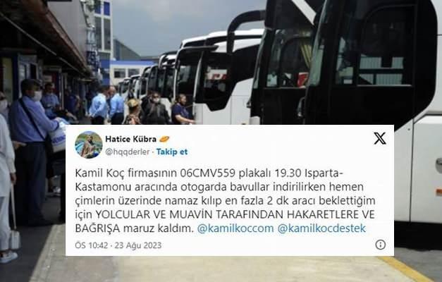 Gen� kad�n ya�ad�klar�n� sosyal medya hesab�ndan �u s�zlerle anlatt�:  <br>  06CMV559 plakal� 19.30 Isparta-Kastamonu arac�nda otogarda bavullar indirilirken hemen �imlerin �zerinde namaz k�l�p en fazla 2 dakika arac� bekletti�im i�in yolcular ve muavin taraf�ndan hakaretlere ve ba�r��a maruz kald�m.