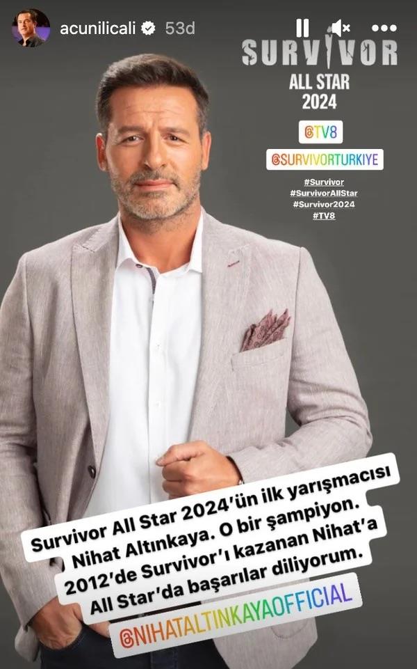 Ilcal paylamna ''Survivor All Star 2024?n ilk yarmacs Nihat Altnkaya. O bir ampiyon. 2012?de Survivor? kazanan Nihat?a All Star?da baarlar diliyorum.'' notunu dt.