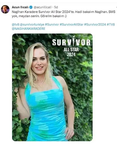 Il�cal� sosyal medya hesab�ndan yapt��� payla��mda, 'Nagihan Karadere Survivor All Star 2024?te. Hadi bakal�m Nagihan. SMS yok, meydan senin. G�relim bakal�m' ifadelerini yer verdi.