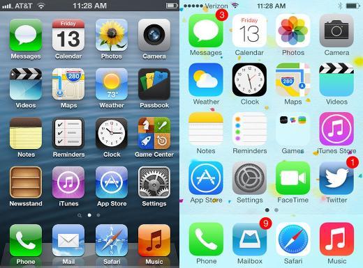 <b>Ana ekran</b> iOS 7'nin ikonlara getirdii en byk yenilik animasyonlar. rnein bir uygulamay atnzda tm ekran kaplyor ve kapattnzda ikon olarak yerine geri dnyor. Ancak baz yorumlara gre bu animasyonlar nedeniyle uygulamann ap kapanma hz yavalyor.