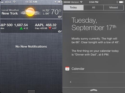 <b>Bildirimler ekran</b> Tasarmn tamamen deimi olmasna ramen tm bir ok uygulamann ayn yerinde duruyor olmas kullanclara iin kolaylk olarak grlyor. Bununla beraber baz deiiklikler iOS kullanclarnn almas zaman alabilir. rnein eskiden arama blmn amak ekran sola doru kaydryordunuz. iOS 7 ile beraber arama blmne ana ekrann ortasndan aa doru kaydrarak geliniyor. Ama baz kullanclar ekran aa doru kaydrarak arama blm yerine bildirimler blmne gelmekten ikayeti. Bildirimler blmne ekrann tepesinden aa doru kaydrlarak geliniyor.