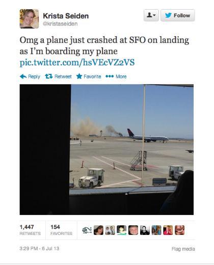 Asiana Havayollar'na ait uan San Fancisco havalimanna inii srasnda meydana gelen kazann ilk grnts yine Twitter'da paylald.