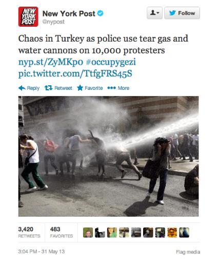 Gezi olaylar srasnda Trkiye'den ok sayda fotoraftan biri olan bu kare 31 Mays'ta New York Post gazetesinin hesabndan tm dnyayla paylald. Msr ile Trkiye'deki gsterilerin karlatrld bir sosyal medya aratrmasnda Arap Bahar srasnda gnderilen tweetlerin sadece yzde 30'u olay yerinden paylalrken, Gezi olaylar srasnda paylalan tweet'lerin yzde 90'nn Trkiye iinden gnderildii ortaya kt.