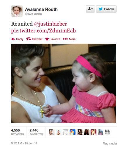 nl arkc Justin Bieber'n 6 yanda kanserden len kk hayran Avalanna ile ilgili paylat tweet tm zamanlarn en ok retweet'lenen ikinci fotoraf oldu. 40 milyondan fazla takipisi olan Bieber'n bu fotoraf 200 binden fazla retweet ald