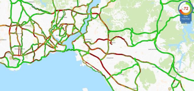 TRAFK DURUMU    BB Trafik Younluk Haritas'na gre, kent genelindeki trafik younluu saat 15.45 itibaryla yzde 72 olarak lld.