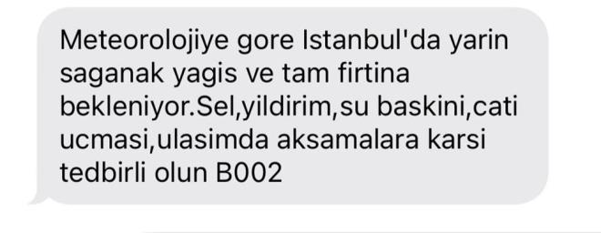 AFAD VATANDALARA SMS GNDERD    AFAD, yarn stanbul'da beklenen saanak ya ve frtna iin vatandalara ksa mesaj (SMS) gnderdi.    Mesajda sel, su basknlar ve at umasna kar uyarda bulunuldu.
