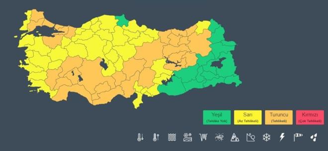 66 L N SARI VE TURUNCU KODLU UYARI    Meteoroloji Genel Mdrl, yarn (18 Kasm) toplam 66 il iin sar ve turuncu kodlu uyar verdi.    Sar kodlu uyar verilen iller:    Adana, Adyaman, Afyonkarahisar, Amasya, Ankara, Antalya, Artvin, Aydn, Balkesir, Bilecik, Bursa, Bolu, Burdur, anakkale, ankr, Denizli, orum, Edirne, Elaz, Erzincan, Erzurum, Eskiehir, Gaziantep, Giresun, Gmhane, Hatay, Isparta, Mersin, zmir, Kastamonu, Krklareli, Krehir, Konya, Ktahya, Malatya, Manisa, Kahramanmara, Mula, Nide, Nevehir, Ordu, Sakarya, Samsun, Tekirda, Tokat, Uak, Yozgat, Aksaray, Karaman, Bartn, Karabk, Osmaniye, Dzce, Kilis, Krkkale, Kilis, Osmaniye    Turuncu kodlu uyar verilen iller:    Adana, Afyonkarahisar, Antalya, Bingl, Burdur, Bursa, Denizli, Elaz, Erzincan, Erzurum, Giresun, Gmhane, Isparta, Mersin, stanbul, Kayseri, Krklareli, Kocaeli, Konya, Kahramanmara, Nide, Rize, Sakarya, Sivas, Tekirda, Trabzon, Tunceli, Bayburt, Karaman, Yalova
