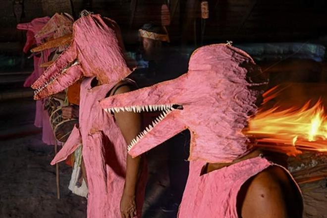 Puerto Narino, Kolombiya  <br>  Amazon'daki en büyük yerli gruplardan biri olan Tikuna'nın kozmolojisinde pembe yunuslar, yaramaz ruhlar ve sular diyarının koruyucularıdır. Kadınlar yanchama ağacının kabuğundan yapılan yunus kostümleriyle dans ediyor .  <br>  FOTOĞRAF: THOMAS PESCHAK