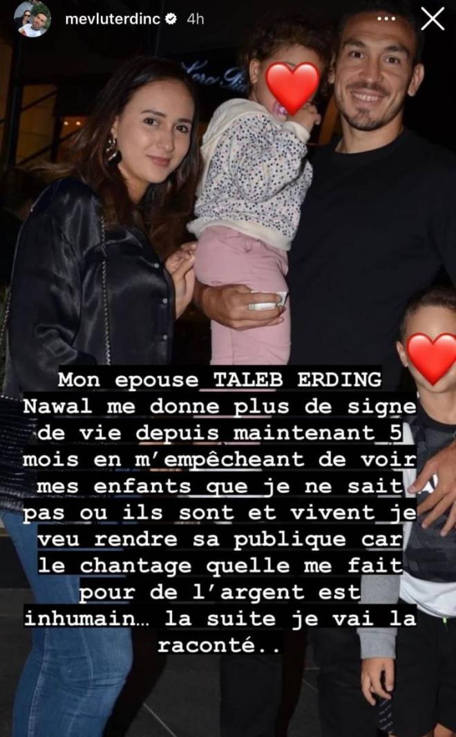 Mevlt Erdin, sosyal medya hesabndan paylamlarda bulunarak einden 5 aydr haber alamadn belirtti. Eski futbolcu u ifadeleri kulland: ?Eim Taleb Erding?ten 5 aydr haber alamyorum. Nerede olduklarn bilmiyorum, ocuklarm bana gstermiyor. Bu durumu artk herkesin bilmesini istiyorum nk benden para almak iin antaj yapmas insanlk d bir davran.