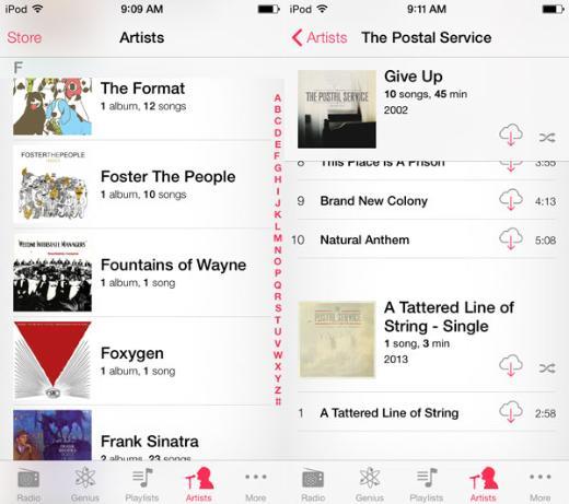 M�zik alb�mleri : Yeni i�letim sisteminde g�ze �arpan hatalar aras�nda m�zik alb�mleri bulunuyor. Daha �nce bir �ark�c�n�n alb�mleri ayr� ayr� a��labiliyorken, iOS 7 de ise se�ilen �ark�c�n�n t�m alb�mleri alt alta s�ralan�yor. Bu y�zden �ark� dinlerken se�ilen �ark�c�n�n farkl� alb�mlerine ge�i� yap�labiliyor