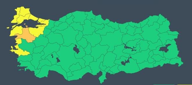 1 �L ���N TURUNCU, 8 �L ���N SARI KODLU UYARI    Meteoroloji Genel M�d�rl���19 Ocak Cuma g�n� i�in Bal�kesir'de turuncu; Edirne, K�rklareli, Tekirda�, �anakkale, Bursa, Kocaeli, �stanbul ve Manisa'da ise sar� uyar�da bulundu�unu belirterek, sel ve su bask�nlar�na kar�� uyard�.