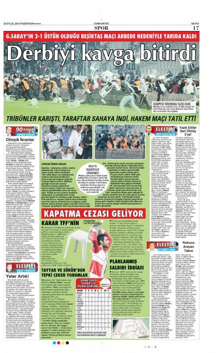 ��te olayl� derbinin gazete man�etleri..