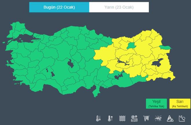 23 KENTE SARI KODLU UYARI    MGM tarafndanAdyaman, Ar, Artvin, Bingl, Bitlis, Diyarbakr, Elaz, Erzincan, Erzurum, Giresun, Gmhane, Hakkari, Kars, Malatya, Mu, Rize, Siirt, Sivas, Trabzon, Tunceli, Van, Batman, rnak ve Ardahan iin sar kodlu uyar yapld.    Ulamda aksamalar, buzlanma ve don, , tipi gibi olumsuzluklara kar dikkatli ve tedbirli olunmas istendi.