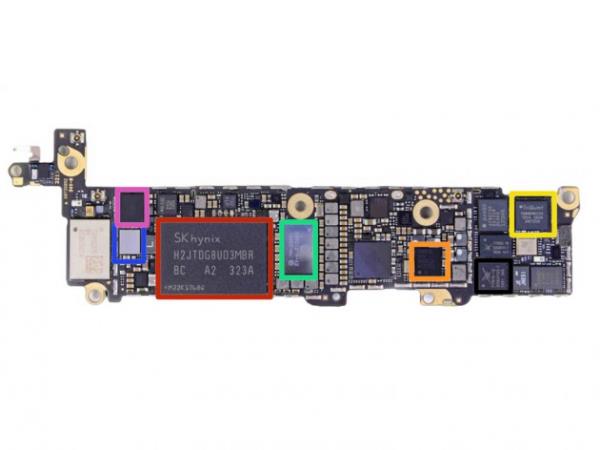 <b>K�rm�z�:</b> SK Hynix H2JTDG8UD3MBR 128 Gb (16 GB) NAND Flash   <p><b>Turuncu:</b> Qualcomm PM8018 RF Sar�: TriQuint TQM6M6224 </p>  <b>Ye�il:</b> Apple 338S1216   <p><b>Mavi:</b> Broadcom BCM5976 dokunmatik ekran kontrol mekanizmas� </p>  <b>Pembe:</b> Texas Instruments 37C64G1   <p><b>Siyah:</b> Skyworks 77810</p>