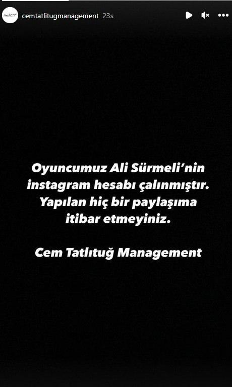 "HBR PAYLAIMA TBAR ETMEYNZ"  <br>  Ortaya atlan iddialarn sosyal medyada yaylmasnn ardndan oyuncunun menajerlik irketi iddialar ile ilgili yapt paylamda "Oyuncumuz Ali Srmeli'nin instragram hesab alnmtr. Yaplan hibir paylama itibar etmeyiniz." ifadelerine yer verildi.