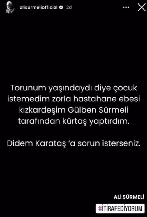 "TORUNUM YAINDAYDI"  <br>  Ksa bir sre sonra yeni bir paylam yaplarak bu sefer de Srmeli'nin oyuncu Didem Karata' krtaj yaptrmaya zorlad ileri srlerek "Torunum yandayd diye ocuk istemedim. Zorla hastane ebesi kz kardeim Glben Srmeli tarafndan krtaj yaptrdm" ifadeleri kullanld.