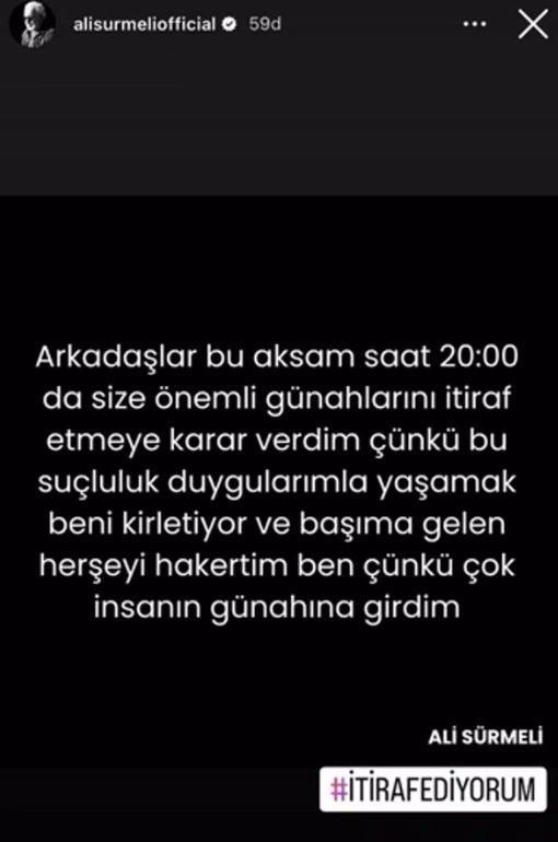 O DDALAR ORTALII KARITIRDI!  <br>  Bir sre nce annesini kaybeden Srmeli'nin Instagram hesabndan yaplan ilk paylamda "nemli gnahlarm itiraf etmeye karar verdim, nk bu sululuk duygularmla yaamak beni kirletiyor" denildi.