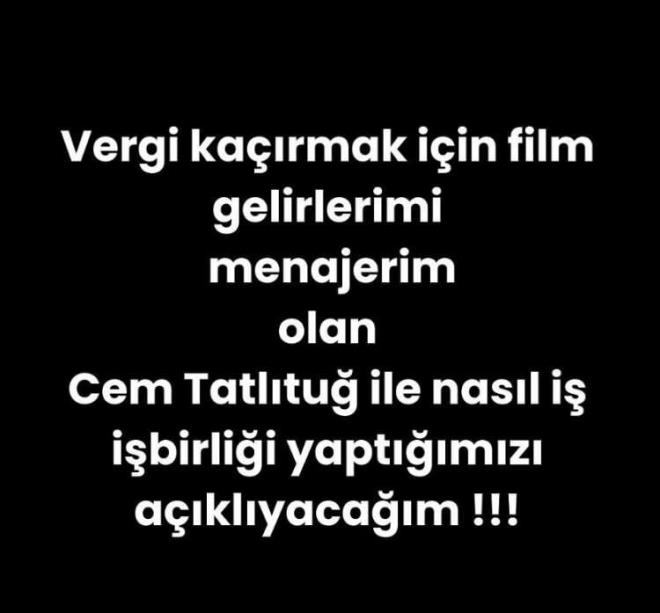 VERG KAIRMAK N..."<br>    Srmeli'nin vergi kard iddia edilen bir dier paylamda ise u ifadeler kullanld:  <br>  "Vergi karmak iin film gelirlerimi menajerim olan Cem Tatltu ile nasl i ibirlii yaptmz aklyacam. Menajerim Cem Tatltu'un kz arkadann adna irket zerinden diziler ve sinema filmleri iin anlatm cretin yzde 50'si resmi olarak bana geliyordu. Kalan yzde 50 miktar olum Eren Srmeli hesabna ve elden veriliyordu."