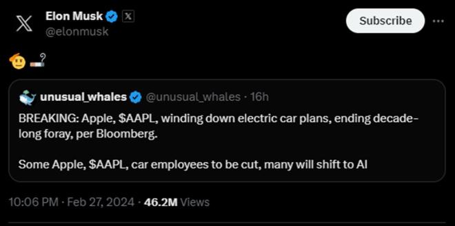 ptal edilen Apple Car sosyal medyada alay konusu oldu - 5    Rakip firma Tesla'nn sahibi Elon Musk da X'teki haberlere ifadelerle yant verdi.    Apple, irket iinde "Project Titan" olarak bilinen gizli projeye ne kadar harcadn aklamad, ancak CNBC sadece geen yl bu projeye yaklak 30 milyar dolar aktardn syledi.