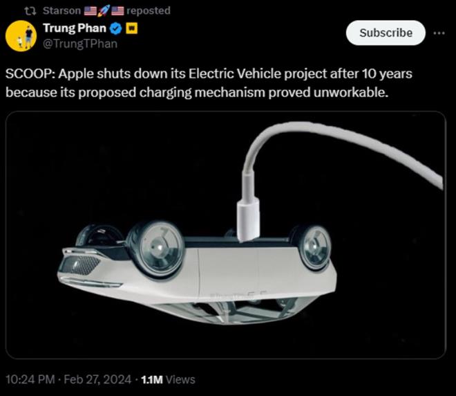 Bir baka kullanc, arj cihaz takl ters evrilmi bir araba fotorafyla "Apple, Elektrikli Ara projesini 10 yl sonra kapatt nk nerdii arj mekanizmasnn alamaz olduu ortaya kt." dedi.