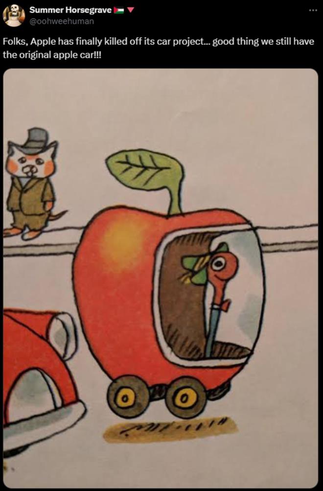 Bir bakas kullanc ocuk kitaplarndaki kurgusal solucan Lowly Worm tarafndan kullanlan footraf paylaarak "Apple sonunda araba projesini sonlandrd." yazd.