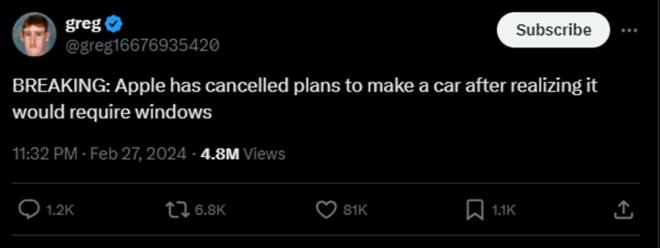 X'te (eski adyla twitter) bir kullanc, rakip teknoloji firmas Microsoft'a gnderme yaparak, "SON DAKKA: Apple, Windows gerektirdiin fark ettikten sonra araba retme planlarn iptal etti" dedi.