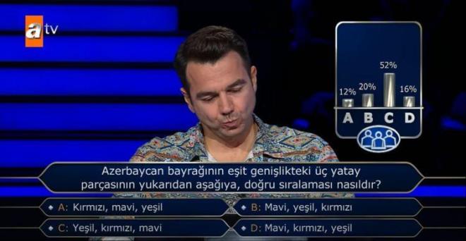 Seyirciye gvenerek 'C- Yeil, krmz, mavi' cevabn veren yarmac, ne yazk ki hsrana urad. Doru cevap, 'D- Mav, krmz yeil' kt.