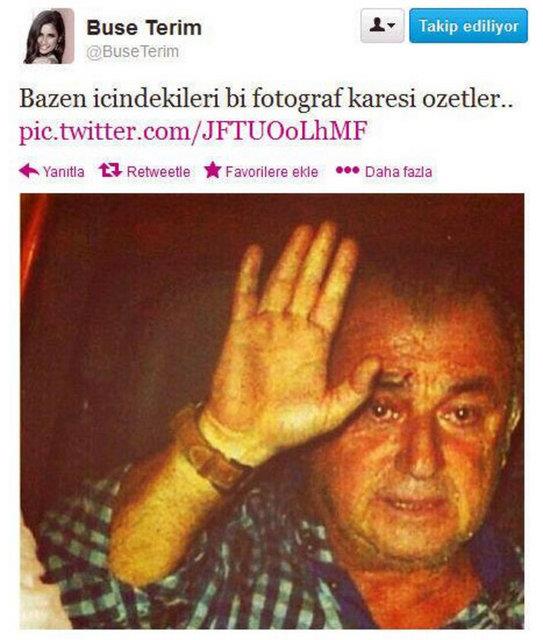 Buse Terim, kendi Twitter hesabndan, babas Fatih Terim'in gz yal bir fotorafn paylat. Buse Terim'in, "Bazen iindekileri bir fotoraf karesi zetler" yazl tweeti takipilerini duygulandrd. Terim'in tweetini retweetleyen takipileri, "Biz de onunla alyoruz" yorumunu yapt.