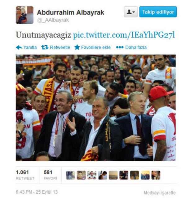 <b>Abdurrahim Albayrak</b> ise Twitter'dan Fatih Terim ile fotorafn paylaarak 'unutmayacaz' yazd