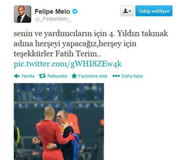 <b>Melo,</b> takmdan gnderilen Fatih Terim'e mesajn sosyal medya zerinden gnderdi. Melo'nun o szleri: "unu belirtmek isterimki anl formamza 4. yldz takmak iin Sayn Fatih Terim iin de mcadele edeceimizden kimsenin phesi olmasn. Size her zaman minnettarm hocam."