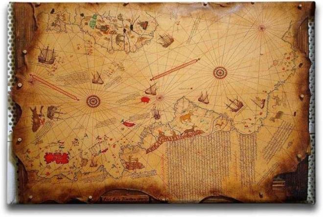 Ayn zamanda Piri Reis'in, kendisinden nceki haritalar, astronomik gzlemleri ve pusula bilgilerini kulland dnlyor.