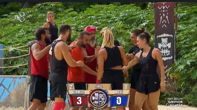 LETM DL KIRMIZI TAKIM'IN  <br>  Mthi mcadelede Krmz Takm, Mavi Takm' yenerek iletiim dlnn sahibi oldu. Mavi Takm ise bu sonu karsnda resmen ykld.  <p>  KM VEDA EDECEK?  <br>  Yarnki eleme gecesinde Aleyna, Berna, Damla ve Merve oyuna kacak. Heyecanla beklenen delloda bir isim daha adaya veda edecek. Kimin elenecei ise merak konusu.