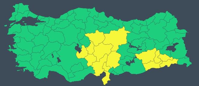 15 LE SARI KODLU UYARI    Meteoroloji Genel Mdrl, cumartesi gn iin 15 ile sar kodlu uyarda bulundu.    Sar kodlu uyarlan iller yle:    Yozgat, Sivas, Kayseri, Nevehir, Aksaray, Nide, Adana, Kahramanmara, Osmaniye, Hatay, Mardin, Diyarbakr, Batman, Siirt ve rnak