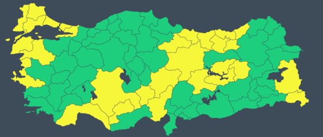 29 LE SARI KODLU UYARI    Meteoroloji Genel Mdrl, cumartesi gn iin 29 ile sar kodlu uyarda bulundu.    Sar kodlu uyarlan iller yle:    Edirne, Krklareli, Tekirda, stanbul, Kocaeli, Yalova, anakkale, Balkesir, zmir, Antalya, Konya, Karaman, Nide, Adana, Kayseri, Tokat, Sivas, Malatya, Elaz, Tunceli, Bingl, Ordu, Giresun, Gmhane, Trabzon, Rize, Bayburt, Van ve Hakkari
