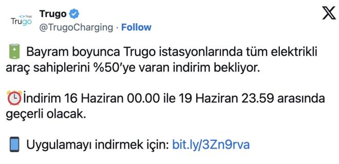 Kampanya, Togg?un arj uygulamas Trugo?nun resm sosyal medya hesabndan paylalan gnderiyle duyurdu. irket, istasyonlarda indirim yaplacan duyurdu. stelik sadece Togg T10X?e deil, tm marka modeller indirimli fiyatlardan yararlanabilecek.