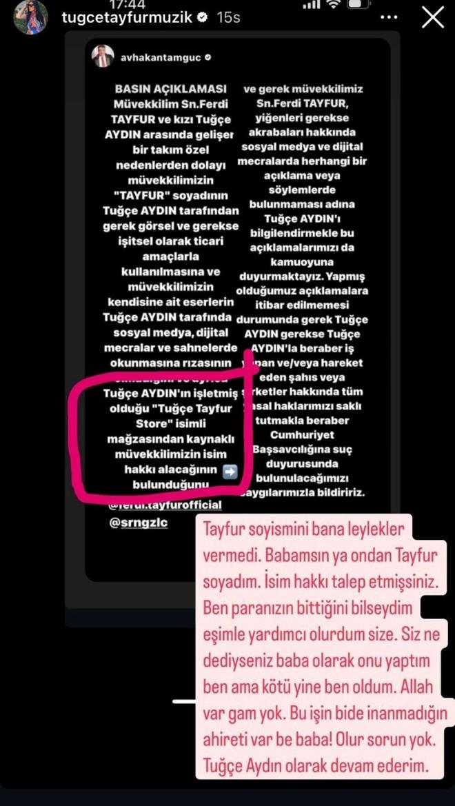 "TAYFUR SOYSMM BANA LEYLEKLER VERMED"    36 yandaki Tue Tayfur ise "Tayfur soyismimi bana leylekler vermedi. Babamsn ya ondan Tayfur soyadm. sim hakk talep etmisiniz. Ben, paranzn bittiini bilseydim eimle yardmc olurdum size. Siz ne dediyseniz baba olarak onu yaptm ben ama kt yine ben oldum. Allah var gam yok. Bu iin bir de inanmadn ahireti var be baba. Olur, sorun yok. Tue Aydn olarak devam ederim."