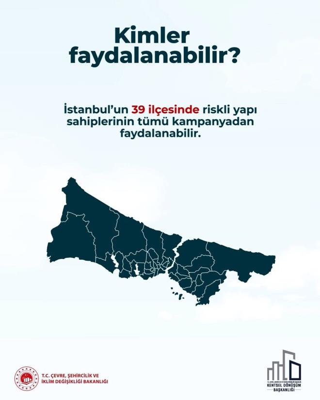 15 SORUDA �STANBUL ���N YARISI B�ZDEN KAMPANYASI    "Kimler faydalanabilir?" sorusu, "�stanbul'un 39 il�esinde riskli yap� sahiplerinin t�m� kampanyadan faydalanabilir." �eklinde yan�tland�.    "Proje �n �artlar� nelerdir?" sorusuna, "Yeni projedeki yap� (otopark ve s���nak hari�), eski yap�n�n bir bu�uk kat� b�y�kl���n� ge�memeli." cevab� verildi.