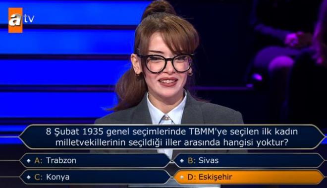 Doru cevap olan "D- Eskiehir" cevabn tahmin ettii halde yarmadan ekilme karar ald.