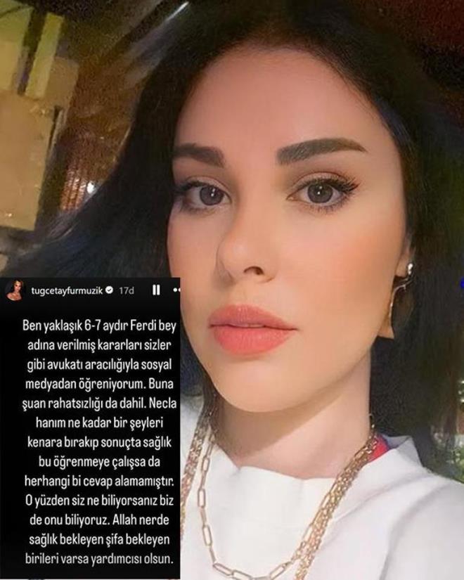 KIZI TUE TAYFUR'DAN LK PAYLAIM<p>    Usta sanatnn ks olduu kz arkc Tue Tayfur, babasnn hastaneye kaldrlmasnn ardndan Instagram'dan aklama yapt.<p>Tue Tayfur, paylamnda u ifadeleri kulland:<p>    ''Ben yaklak 6-7 aydr Ferdi Bey adna verilmi kararlar sizler gibi avukat araclyla sosyal medyadan reniyorum. Buna u an rahatszl da dahil. Necla Hanm ne kadar bir eyleri kenara brakp sonu da salk bu renmeye alsa da herhangi bir cevap alamamtr. O yzden siz ne biliyorsanz biz de onu biliyoruz. Allah nerde salk bekleyen, ifa bekleyen birileri varsa yardmcs olsun''