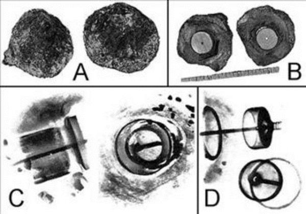<p><b>KRSTALLE KAPLI KAYA </b></p>  Bu kaya parasnn zeri doal kristallerle kaplanmtr.iinde bir boluk bulunmutur. Bu bolukta, malzemesini metal ve porselenin oluturduu garip bir cisim bulunmutur. Resim A : Kaya parasnn iki paraya blnm hali. Resim B : Tan her iki yarsnn i ksmn gryoruz. Resim C : Radiography tekniiyle iindeki cismin resmi ekiliyor. Cisim o kadar eski olmasna ramen metal bir yapdadr. Bu cismin zerinde meydana gelen ve onu kaplayan kristal oluumlu kabuun oluabilmesi iin 500.000 yl (be yz bin yl) gemesi gerekiyor ! Resim D : Yan taraftan ekilen radiography resminde metal cismi daha ayrntl bir ekilde gryoruz. Sonu olarak bu garip cisim 500.000 yl yandadr. Gnmzde bir eye ait bir para olsayd ,oktan ne olduu tespit edilirdi.