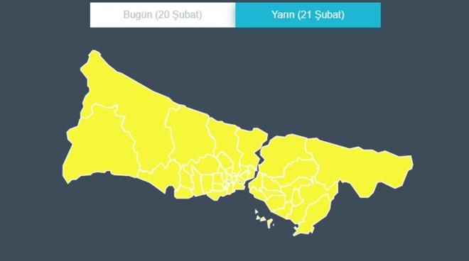 TM LELER N SARI KOD     Meteoroloji tarafndan yaymlanan gnlk raporda stanbul'un tm ileleri iin sar kodlu kar ya uyars yapld.    Meteoroloji Genel Mdrl'nden yaplan aklamada,  il genelinde grlecek kar yalarnn, cuma ve cumartesi gnleri kuvvetli  ve yer yer youn olmak zere pazar le saatlerine kadar devam edecei, buzlanma ve don olaynn ise pazartesi gn sabah saatlerine kadar il genelinde etkili olaca belirtildi.     AKOM DA UYARDI    stanbul Bykehir Belediyesi Afet Koordinasyon Merkezi?nden (AKOM) yaplan son deerlendirmede bugn grlecek hafif kar yann yarn etkisini daha da artraca ifade edildi.     gn boyunca srecek kuvvetli kar yann, pazartesi gn etkisini yitirecei, sal gn ise sabah saatlerinde stanbul?da buzlanma beklendiine dikkat ekildi.