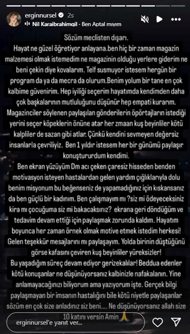 "NE DNYORSANIZ ALLAH SZE 10 KATINI VERSN!"    "Hayatm boyunca her zaman rnek olmak motive etmek istedim herkesi!" diyen Ergin, "Gelen ?teekkr? mesajlarn m paylaaym. Yolda birinin dtn grse kafasn eviren ku beyinliler yreksizler! Bu yaadm sre devam ediyor geri zekllar! Beddua edenler kt konuanlar ne dnyorsanz kalbinizle nafakalnn. Yine anlamayacanz biliyorum ama yazyorum ite. Gerek bilgi paylamayan bir insann hastaln bile kt niyetle paylaanlar szm en ok size anladnz siz beni... Ne dnyorsanz Allah size 10 katn versin" ifadelerini kulland.
