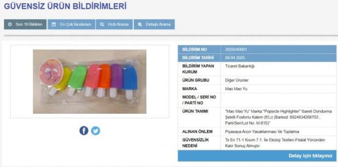in meneili "Mao Mao Yu" marka "Popsicle Highlighter" ibareli kalemlerin sat yasakland.