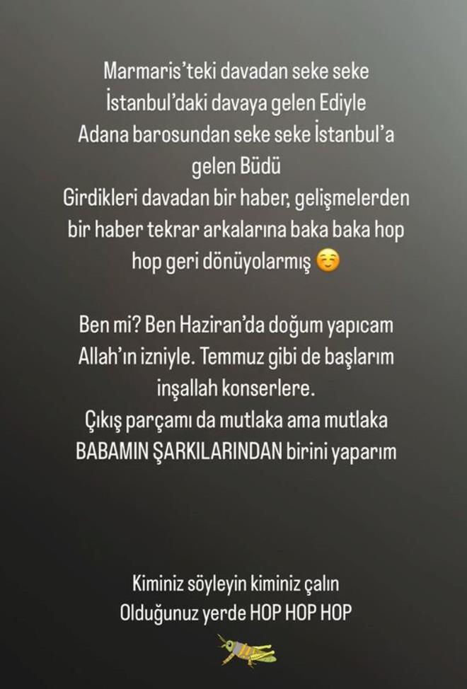 Tue Tayfur, yapt paylamda "Marmaris'teki davadan seke seke stanbul'daki davaya gelen Ediyle Adana barosundan seke seke stanbul'a gelen Bd girdikleri davadan bir haber, gelimelerden bir haber tekrar arkalarna baka baka hop geri dnyorlarm. Ben mi? Haziranda doum yapacam Allah'n izniyle" dedi.