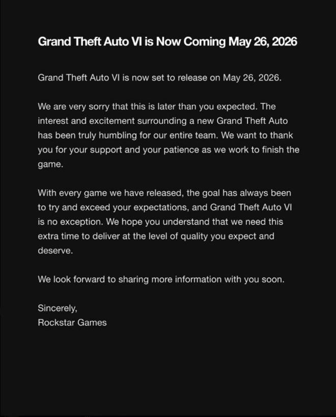 GTA 6 NE ZAMAN IKACAK?    Grand Theft Auto VI'nn k tarihi 26 Mays 2026 olarak akland.    Yaplan aklamada " Bu tarihin beklediinizden daha ge olduunu bildiimiz iin ok zgnz. Yeni bir Grand Theft Auto oyunu etrafndaki ilgi ve heyecan, tm ekibimiz iin gerekten gurur verici oldu. Oyunu tamamlamak iin gsterdiiniz destek ve sabr iin size teekkr etmek istiyoruz.    imdiye kadar kardmz her oyunda olduu gibi, hedefimiz her zaman beklentilerinizi karlamak ve amak oldu; Grand Theft Auto VI da bir istisna deil. Bu kalite dzeyini sunmak iin fazladan zamana ihtiyacmz olduunu anlayla karlamanz umuyoruz.    Sizlerle yaknda daha fazla bilgi paylamay drt gzle bekliyoruz." ifadeleri kullanld.