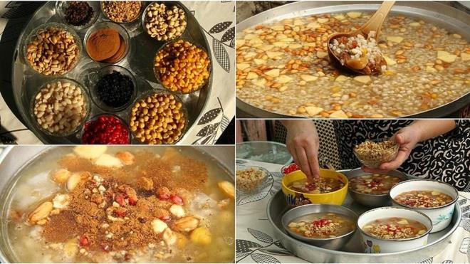 AURE NASIL YAPILIR?    Buday, nohutu ve kuru fasulyeyi bir gece nceden ayr kaplarda slatn.    Ertesi gn buday iyice halayp byk bir tencereye aln.    Ayr ayr haladnz nohut ve fasulyeyi de ekleyin.    Srasyla kuru meyveleri, ekeri ve portakal kabuunu ekleyin.    Kaynamaya devam ederken arada kartrn, karanfil suyunu ekleyin.    Kvam aldnda ocaktan aln ve kaselere paylatrn.    zerini nar, ceviz, fndk ve tarnla ssleyerek servis edin.