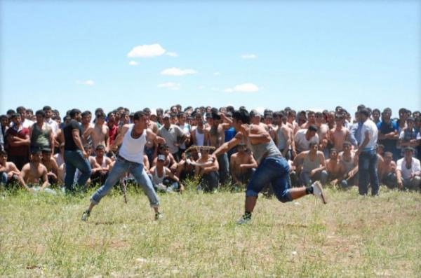 <P>Diyarbakr'n Dicle ilesine bal Duranbeyi kynde bulunan eyh erif Trbesi'ni ziyaret ederek dua eden binlerce kii, 'Karmii' ismini verdikleri geleneksel oyunda hasadn bereketli olmas iin saatlerce birbirlerini krbalad.</P>