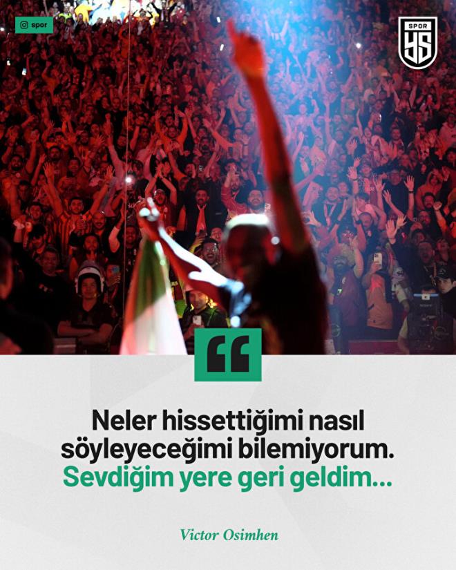 Galatasaray'n bonservis rekoru krarak kadrosuna katt Victor Osimhen, resmi imzay atmak iin stanbul'a geldi. Nijeryal yldz binlerce taraftar karlad. Victor Osimhen yapt aklamada, "Neler hissettiimi nasl syleyeceimi bilemiyorum. Sevdiim yere geri geldim" ifadelerini kulland.